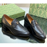 Best Grade Gucci Leather Loafers 3cm with Interlocking G Black 711083