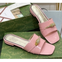 Low Price Gucci Patent Leather Flat Slide Sandals with Tiger Head Hardware Light Pink 719013
