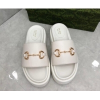Good Quality Gucci Leather Platform Slide Sandals with Horsebit White 724096