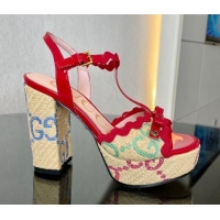 Shop Duplicate Gucci GG Raffia Straw Platform Sandals 12cm with Bow and Wave Trim Red/Green 901083