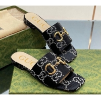 Good Quality Gucci Horsebit GG Fabric Flat Slide Sandals Black 901087