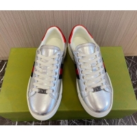 Top Grade Gucci Ace Leather Sneakers with Web Silver 916027