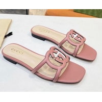 Best Price Gucci Leather Flat Slide Sandals with Cutout GG Light Pink 916054