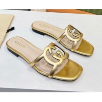 Best Luxury Gucci Leather Flat Slide Sandals with Cutout GG Gold 916056