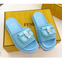Affordable Price Fendi Baguette Pouch Fabric Flat Slide Sandals Light Blue 703125