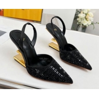 Top Quality Fendi First High Heel Slingback Pumps 9.5cm in Crystals Black 703124
