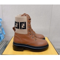Low Cost Fendi Domino Ankle Lace-up Boots in Leather and FF Knit Brown 912014