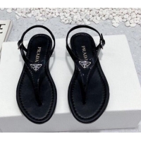 Unique Style Prada Patent Leather Flat Thong Sandals Black 712023