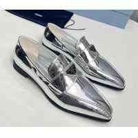 Top Grade Prada Patent Leather Pointed Loafers Silver 821102