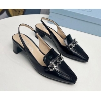 Durable Prada Patent Leather Slingback Pumps with Logo Chain Black 821110