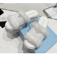 Classic Hot Prada Crochet and Wool Platform Slide Sandals White 831014
