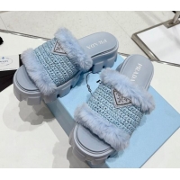 Good Quality Prada Crochet and Wool Platform Slide Sandals Light Blue 831015