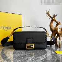 Super Quality Fendi Baguette Medium Bag in Grained Leather with oversize topstitching F1065 Black 2023