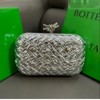 Famous Brand Bottega Veneta Knot Minaudiere Clutch in Pressed Intreccio Laminated Leather 717622 Silver 2023
