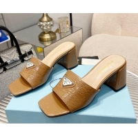 Best Price Prada Embossed Leather Heel Slide Sandals Brown 1013062