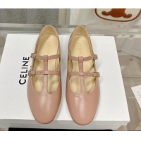 Pretty Style Celine Double Strap Mary Jane Ballerinas in Calfskin Pink 725074