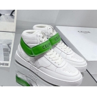 Comfortable Celine CT-03 Trainer High Top Sneakers with Velcro Strap in Calfskin White/Green 916021