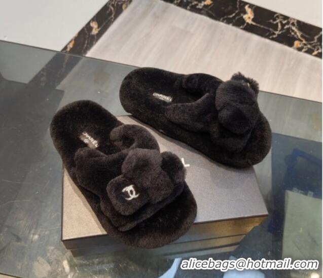 Durable Chanel Wool Flat Slide Sandals 2 Black 915022