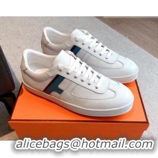 Good Quality Hermes Boomerang Sneakers in Grained Calfskin White/Blue 918028