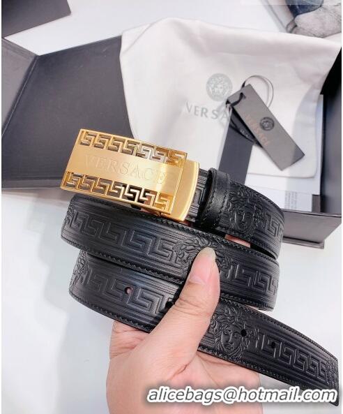 ​Top Quality Versace Logo Embossed leather Belt 3.5cm 040293 Black/Gold