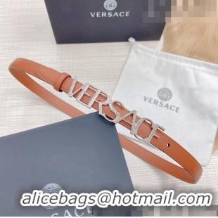 ​Discount Versace Smooth Calfskin Belt 2cm with Crystal Signature 060148 Tan Brown/Silver