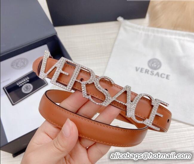 ​Discount Versace Smooth Calfskin Belt 2cm with Crystal Signature 060148 Tan Brown/Silver