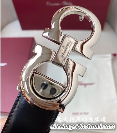 Top Quality Ferragamo Gancini Shiny Calfskin Belt 3.5cm 030901 Black/Bright Silver
