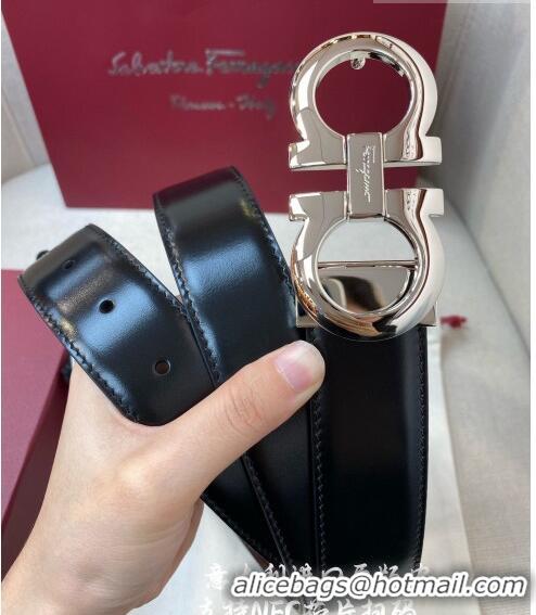 Top Quality Ferragamo Gancini Shiny Calfskin Belt 3.5cm 030901 Black/Bright Silver