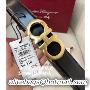 Buy Fashionable Ferragamo Gancini Shiny Calfskin Belt 3.5cm 030901 Black/Matte Gold