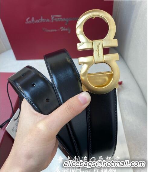 Buy Fashionable Ferragamo Gancini Shiny Calfskin Belt 3.5cm 030901 Black/Matte Gold