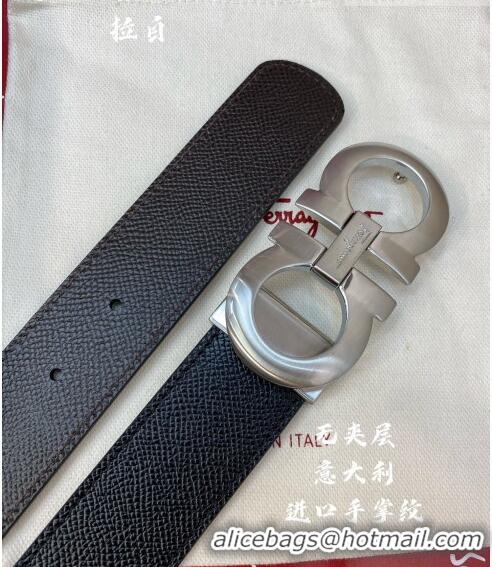 Famous Brand Ferragamo Gancini Palm-Grained Calfskin Belt 3.5cm 030902 Black/Matte Silver