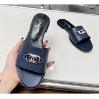 Good Quality Chanel Calfskin Leather Slide Sandals with Framed CC 103003 Dark Blue