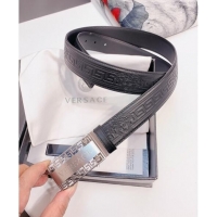 ​Best Price Versace Logo Embossed leather Belt 3.5cm 040294 Black/Silver