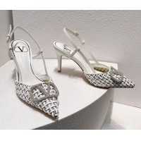 Most Popular Valentino VLogo Slingback Pumps 7.5cm in Woven Calfskin with Crystals White 027035
