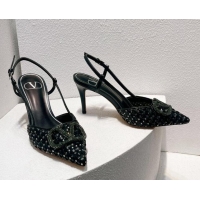 Good Product Valentino VLogo Slingback Pumps 7.5cm in Woven Calfskin with Crystals Black 027036