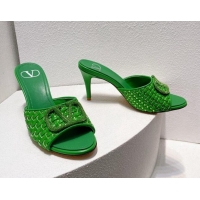 Stylish Valentino VLogo Heel Slide Sandals 7.5cm in Woven Calfskin with Crystals Green 027044