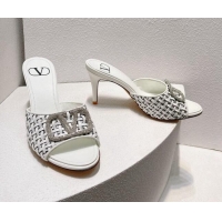 Best Price Valentino VLogo Heel Slide Sandals 7.5cm in Woven Calfskin with Crystals White 027047
