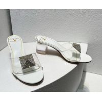 Grade Valentino One Stud PVC Heel Slide Sandals with Crystals and Clear Heel 4.5cm White 027062