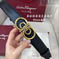 Super Quality Ferragamo Gancini Belt 3.5cm in Ostrich Pattern Leather 29001 Black/Gold