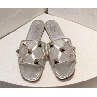 Buy Duplicate Valentino Roman Stud Flat Slide Sandals in Leather-Quilted Mesh Silver 027066