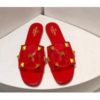 Best Price Valentino Roman Stud Flat Slide Sandals in Leather-Quilted Mesh Red 1027070