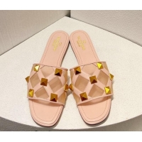 Good Product Valentino Roman Stud Flat Slide Sandals in Leather-Quilted Mesh Nude Pink 027076 