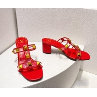 Grade Valentino Roman Stud Heel Slide Sandals in Leather and PVC Red 027090