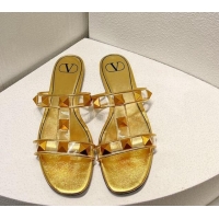 Unique Style Valentino Roman Stud Flat Slide Sandals in Leather and PVC Gold 027102