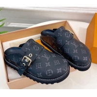 Lowest Price Louis Vuitton LV Cosy Flat Comfort Clog Mules with Buckle Strap Black Monogram Canvas 912026