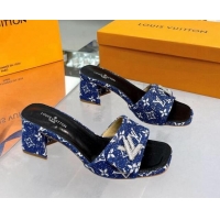 Most Popular Louis Vuitton Shake Heel Slide Sandals 5cm in Monogram Textile and Crystals Denim Blue 012162
