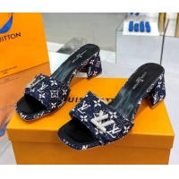 Low Price Louis Vuitton Shake Heel Slide Sandals 5cm in Monogram Textile and Crystals Dark Blue 012166