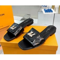 Durable Louis Vuitton Monogram Leather Flat Slide Sandals with Foldover Crystals LV Black 1013008