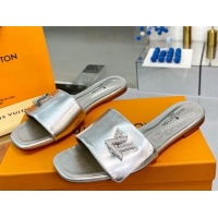 Top Quality Louis Vuitton Shake Leather Flat Slide Sandals with Crystal LV Twist Silver 1013024