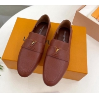 Good Looking Louis Vuitton LV Capri Loafers in Grained Leather Dark Brown 104004